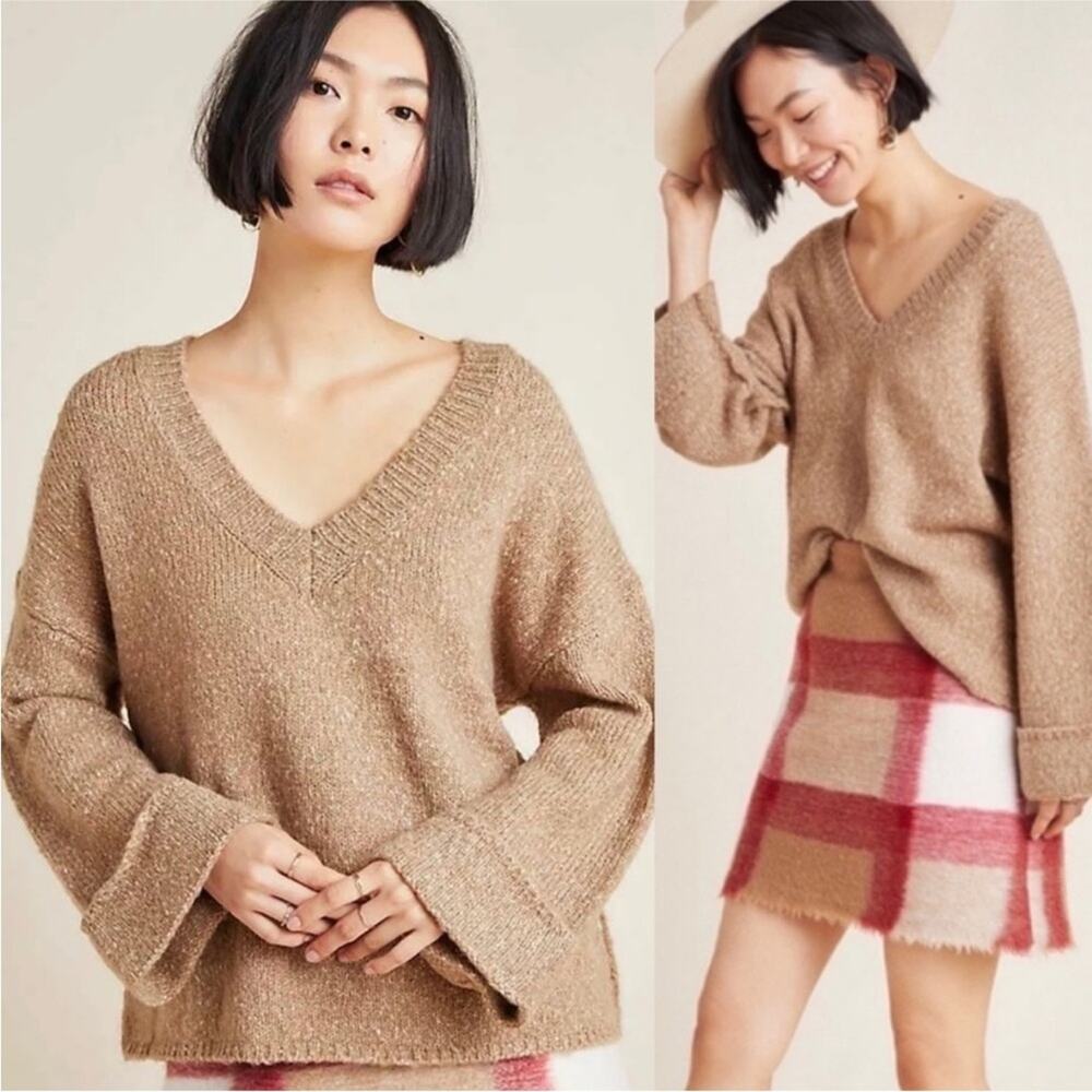 Anthropologie by Anthropologie Honey Camel Maggie Bell Sleeved V-Neck Sweater XS